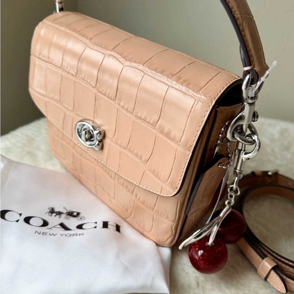 NWT Coach Embossed Croc Leather Cassie 19 bag in beige with cherry charm - Picture 8 of 15